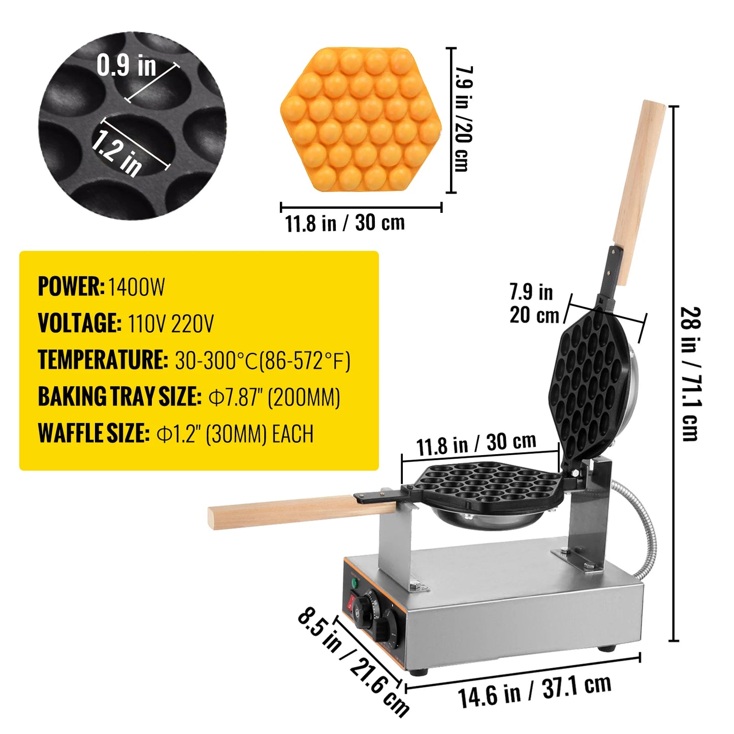 Egg Waffle Maker 1400W Bubble Puff Iron