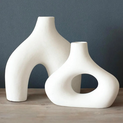 2 Donut Vase White Ceramic Hollow