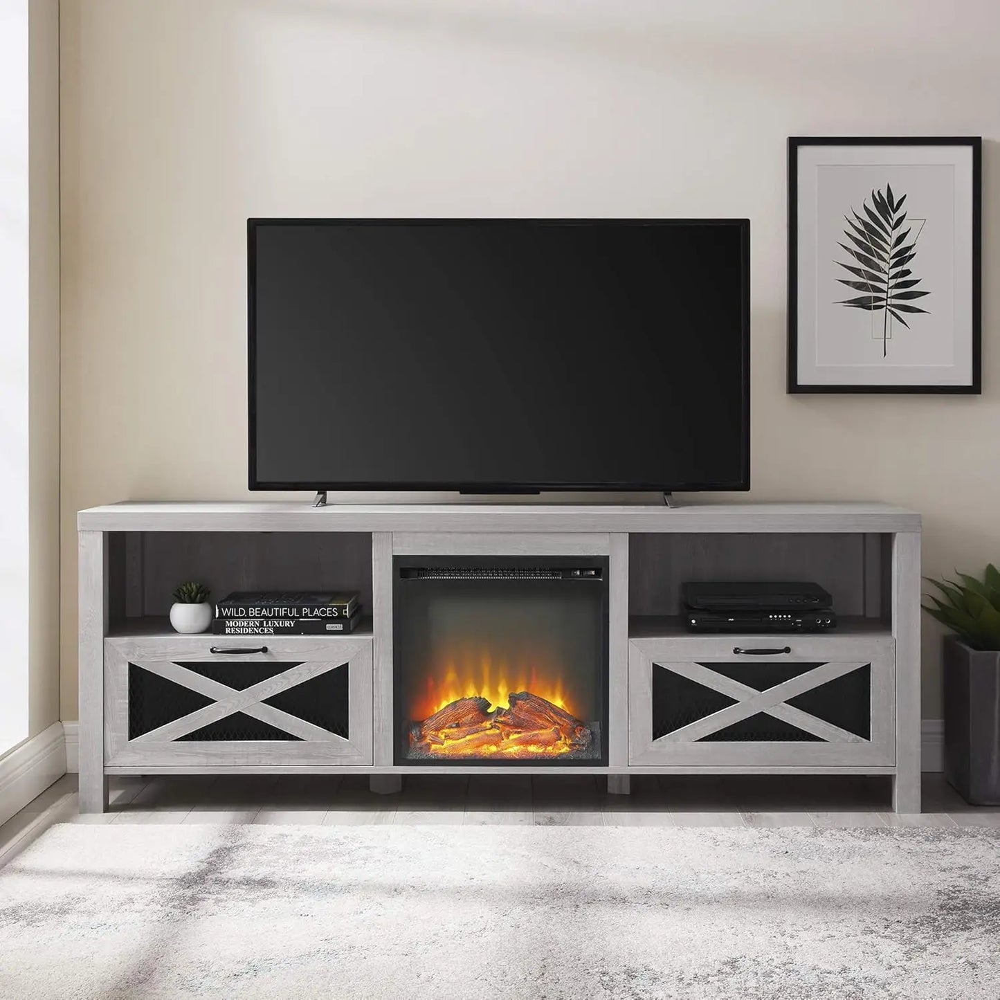 Industrial Farmhouse X Drawer Metal Mesh and Wood Fireplace TV Stand for TVs up to 80 Inches 70 Inch Stone Grey keep cables tidy