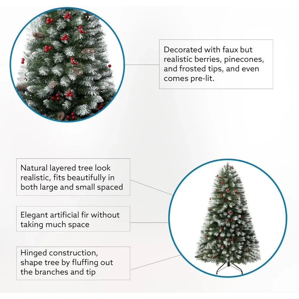 Frosted Pre-lit Artificial Christmas Tree with Pine Cones Faux Berries Foot Pedal Branch Tips