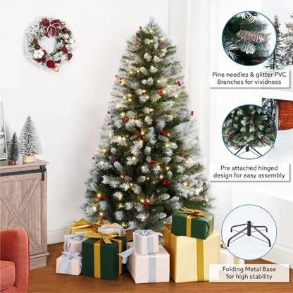 Frosted Pre-lit Artificial Christmas Tree with Pine Cones Faux Berries Foot Pedal Branch Tips