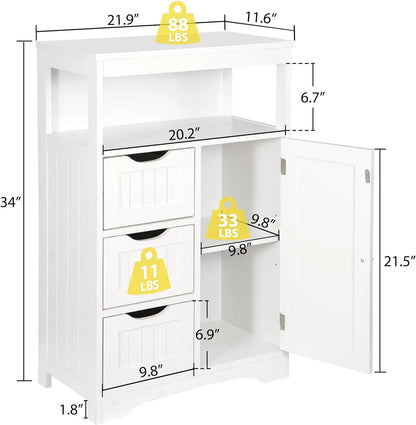 Floor Storage Cabinet 3 Drawers Adjustable Shelf