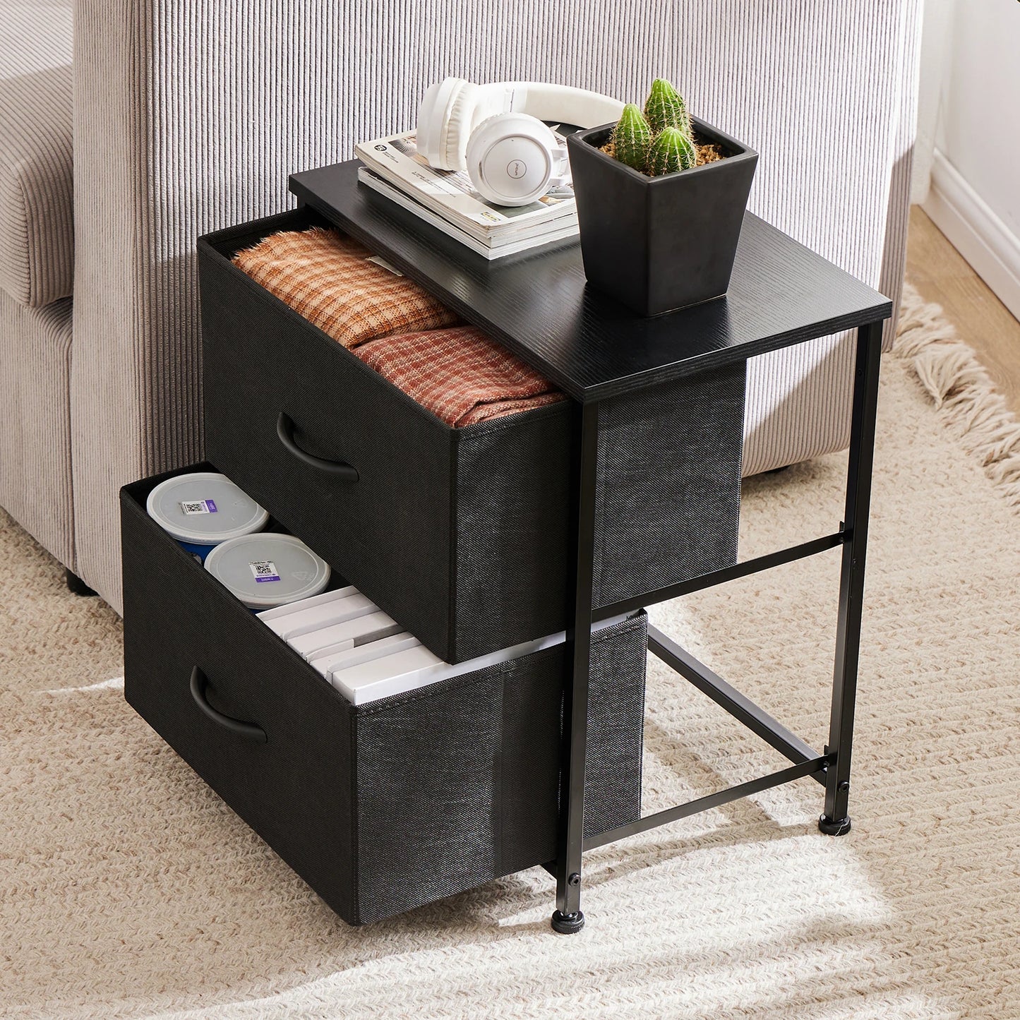 Nightstand With 2 Fabric Drawers