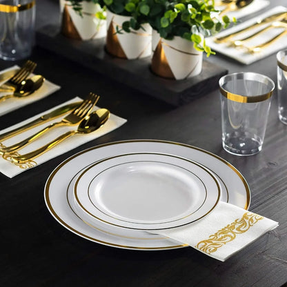 600 Piece Gold Plastic Dinnerware Set, Disposable