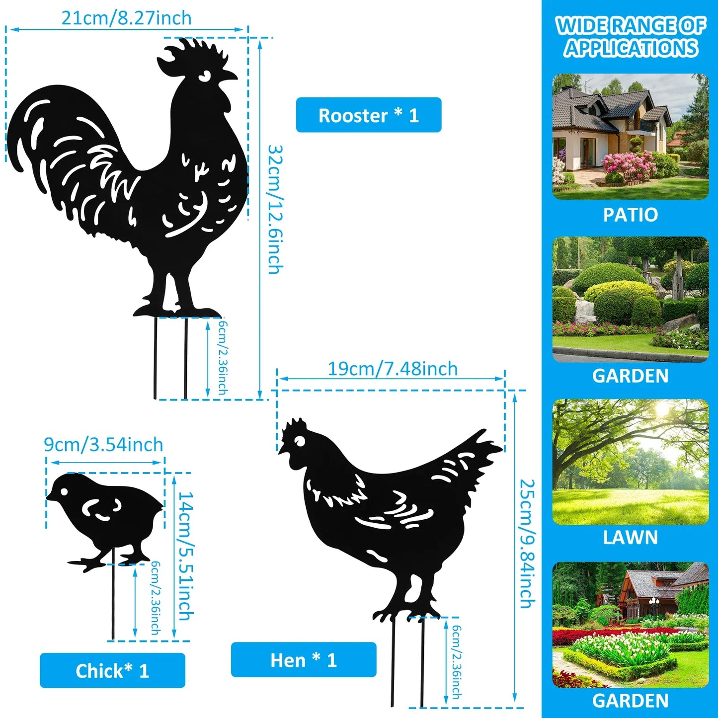 3Pcs Chicken Garden Stakes Metal Garden Chicken Decoration