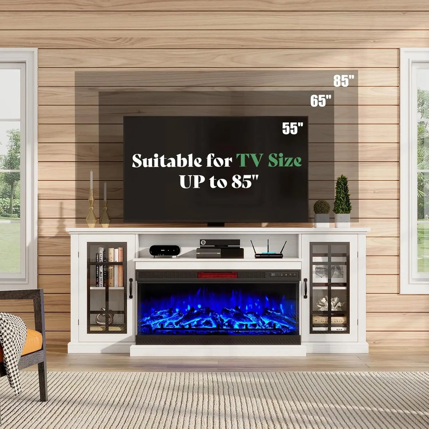 75in 3-Sided Glass Fireplace TV Stand up to 85"