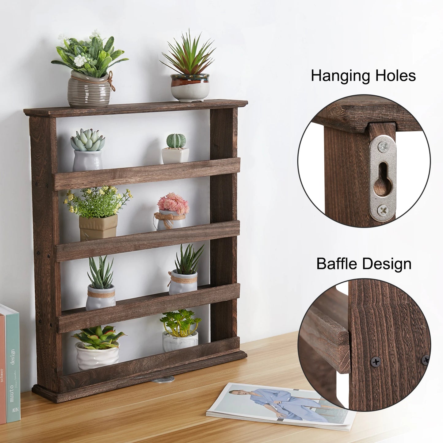 Rustic Wood Wall Mounted 4-Tier Rack