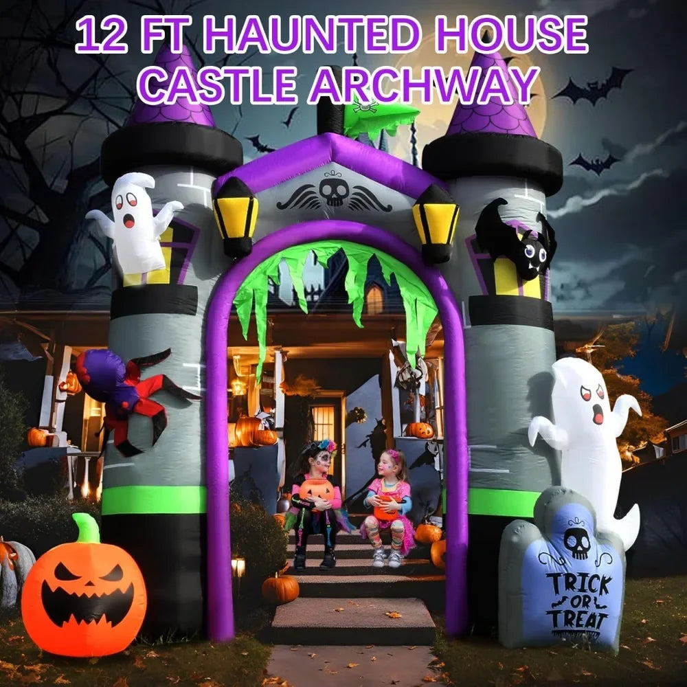 12.5 FT Spooky Halloween Outside Decor, Ghost, Pumpkin Witch, Castle Inflatables