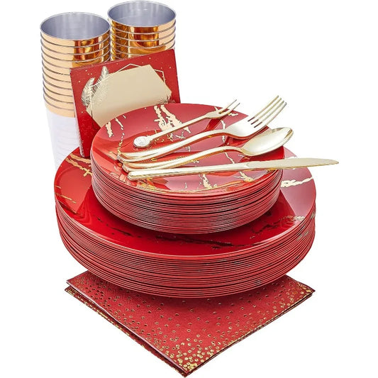 225 Red Gold Plates Dessert Forks