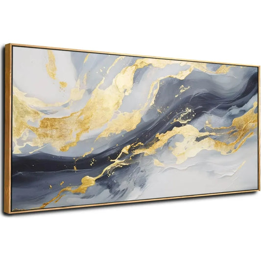 abstract canvas art gold blue painting 29x58