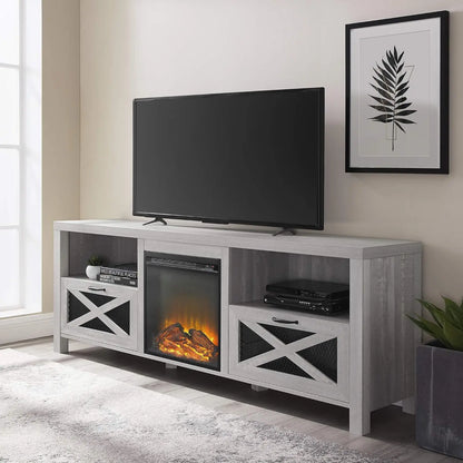 Industrial Farmhouse X Drawer Metal Mesh and Wood Fireplace TV Stand for TVs up to 80 Inches 70 Inch Stone Grey keep cables tidy